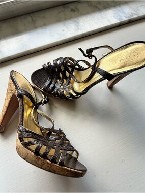 Coach Dark Brown Strappy Cork Heel Sandals with Gold Insole